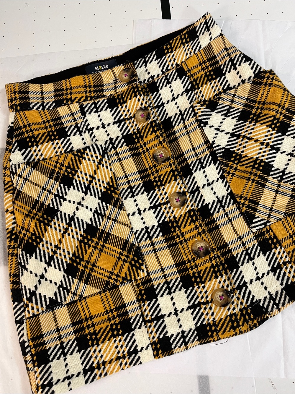 Anthropologie Maeve Yellow Black Cream Plaid Button-Front Mini Skirt size 0 NWOT
